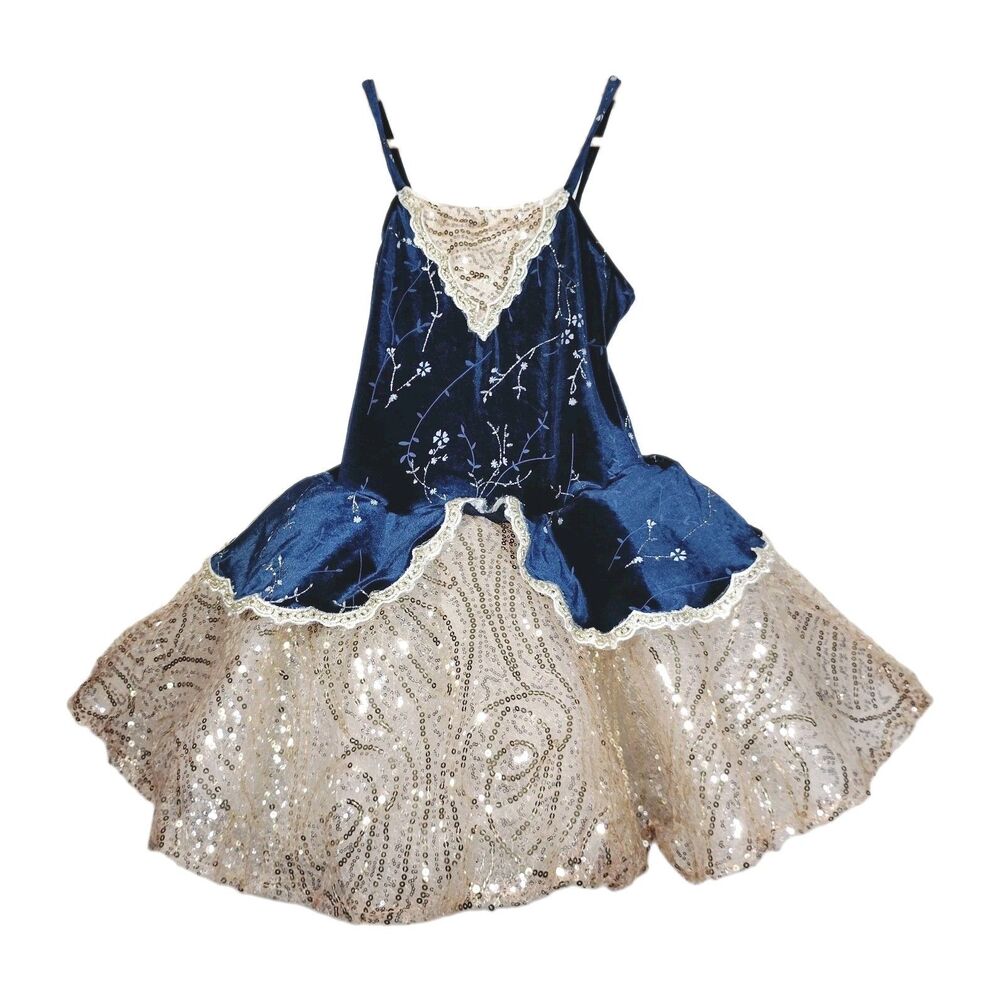 Revolution Dancewear Ballet Costume River Waltz Blue Gold Child XL Floral Velvet